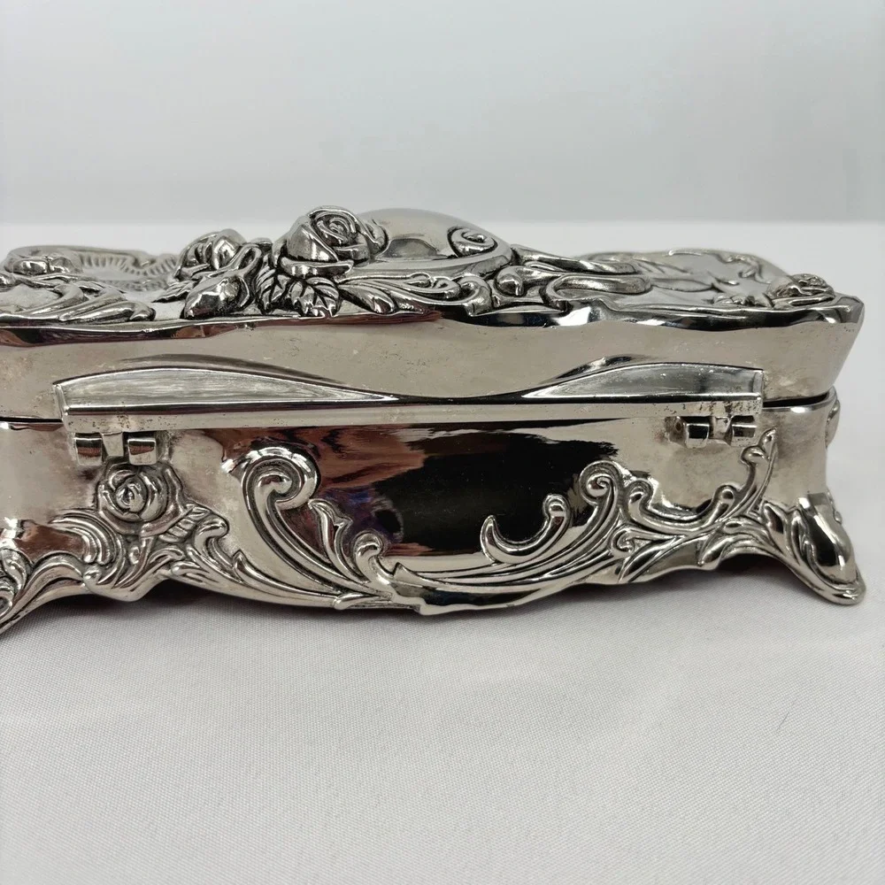 Godinger Silver Plated Floral Rose Jewelry Box Red Velvet Lining Footed Ornate
